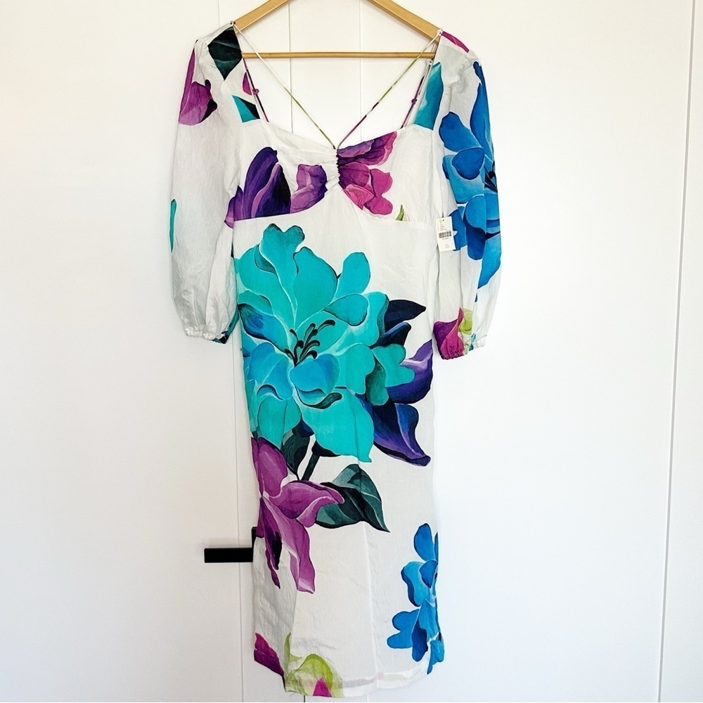 Maeve Floral Midi Dress 2 Petite purple teal feminine lined spring Anthropologie - Picture 6 of 14